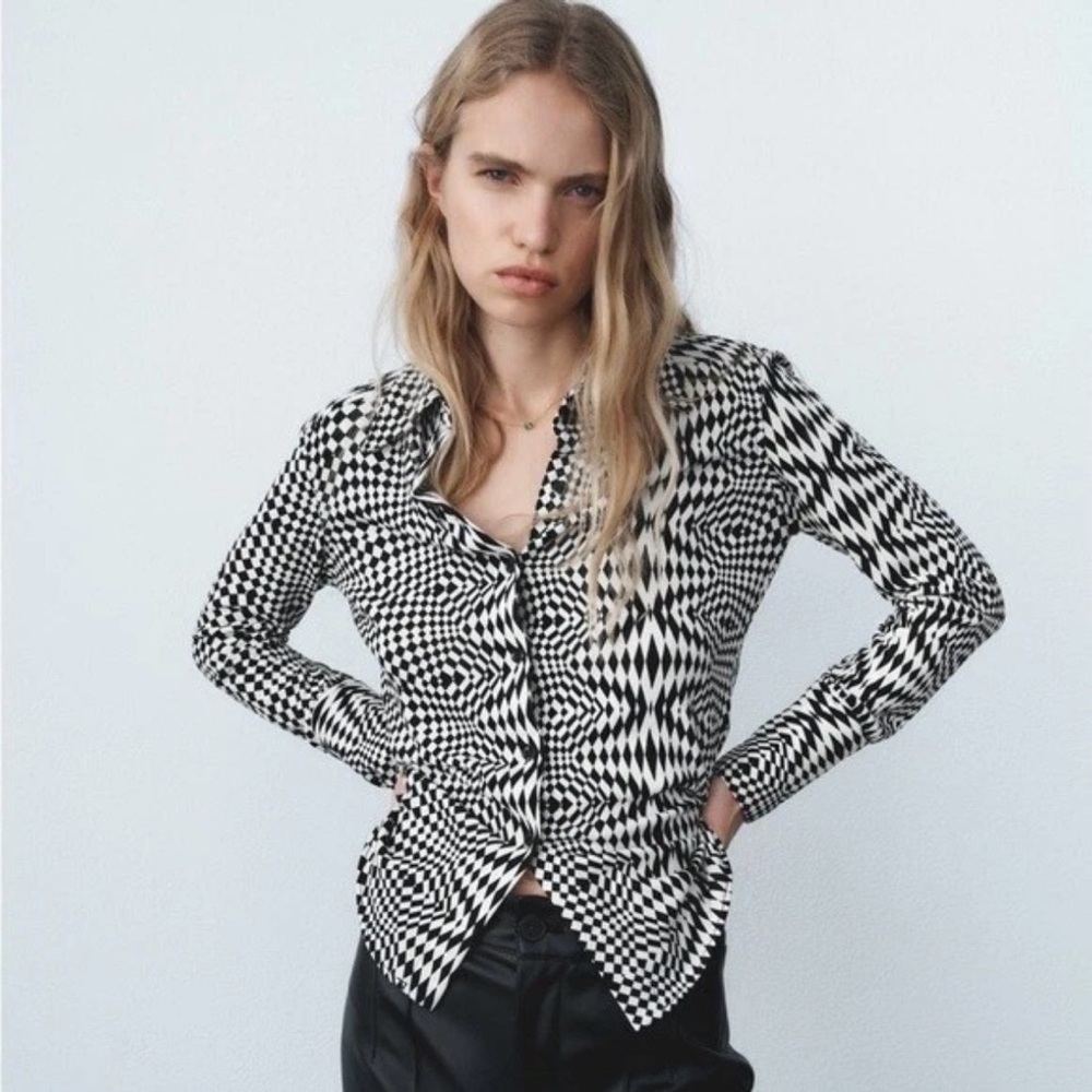 Zara Black and White Geometric Print Button Down Top